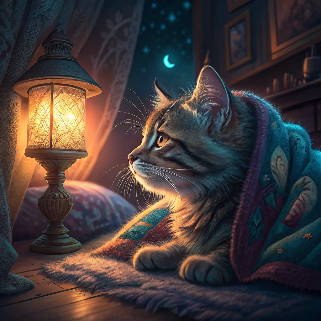 Cute Cat Sleeping Under Night Lamp: Hyperrealistic Art