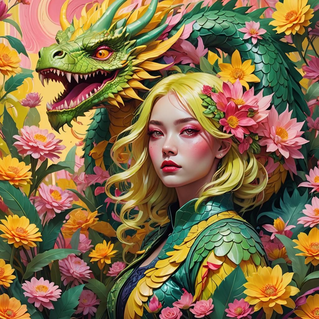 Colorful Dragon Woman Among Dragon Flowers: Candy Art