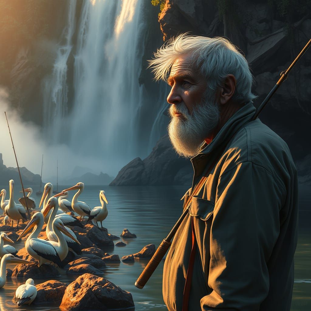 Weathered Fisherman Lost in Serene River Landscape