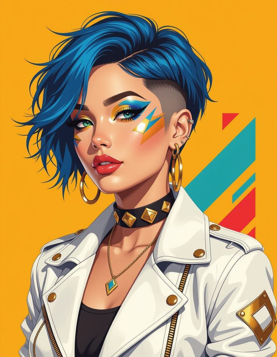 Woman with Blue Hair in Pop Art Style