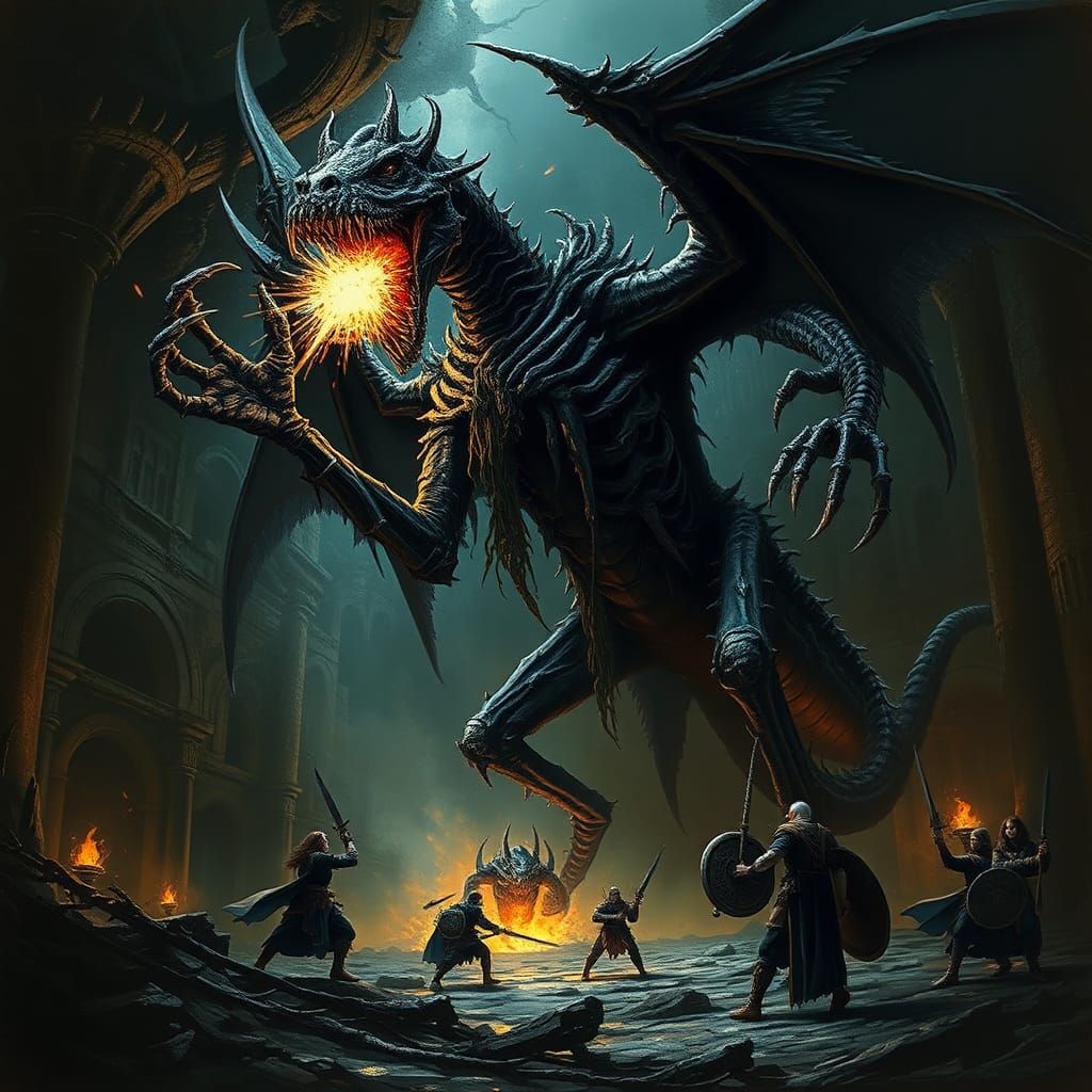 Undead Dracolich Battles Adventurers in Mystical Cavern