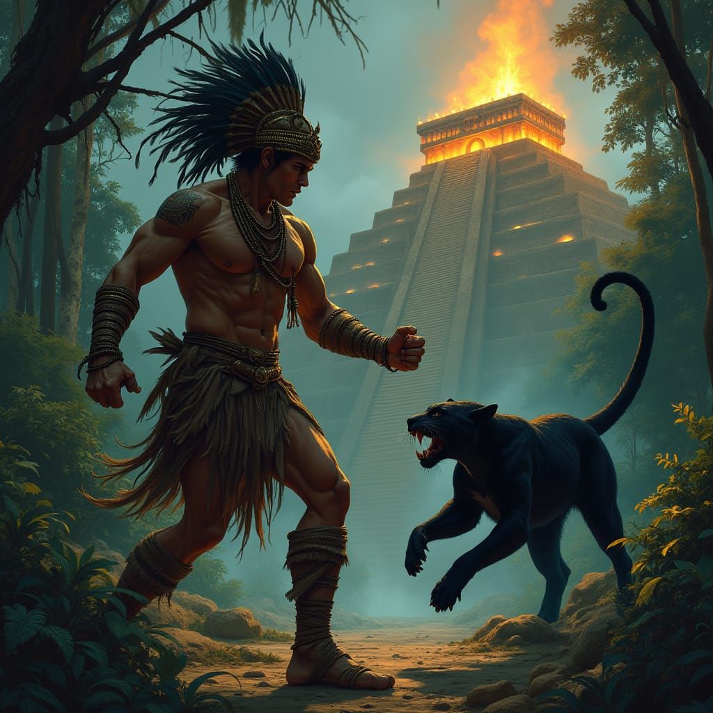 Aztec Warrior and Jaguar in Illuminated Jungle