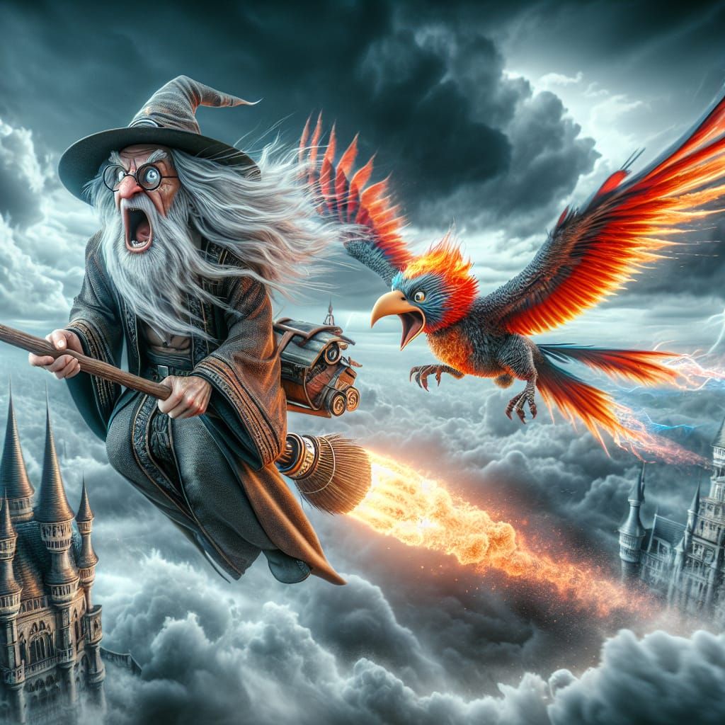 Angry Wizard on Jet Broom with Firebird, Cinematic HDR