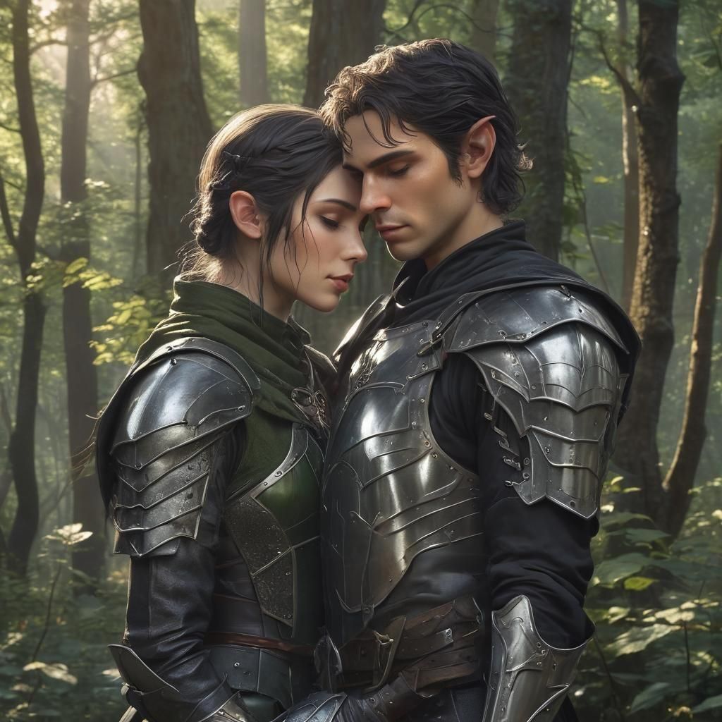 Embracing Half-Elves in Forest, Anime-Inspired 3D Art