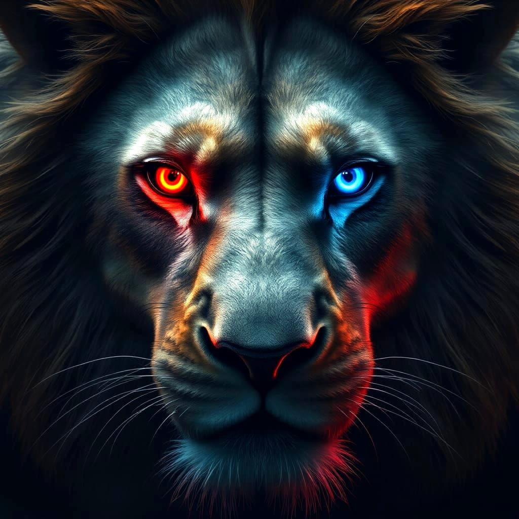 Mysterious Lion with Red and Blue Diamond Eyes