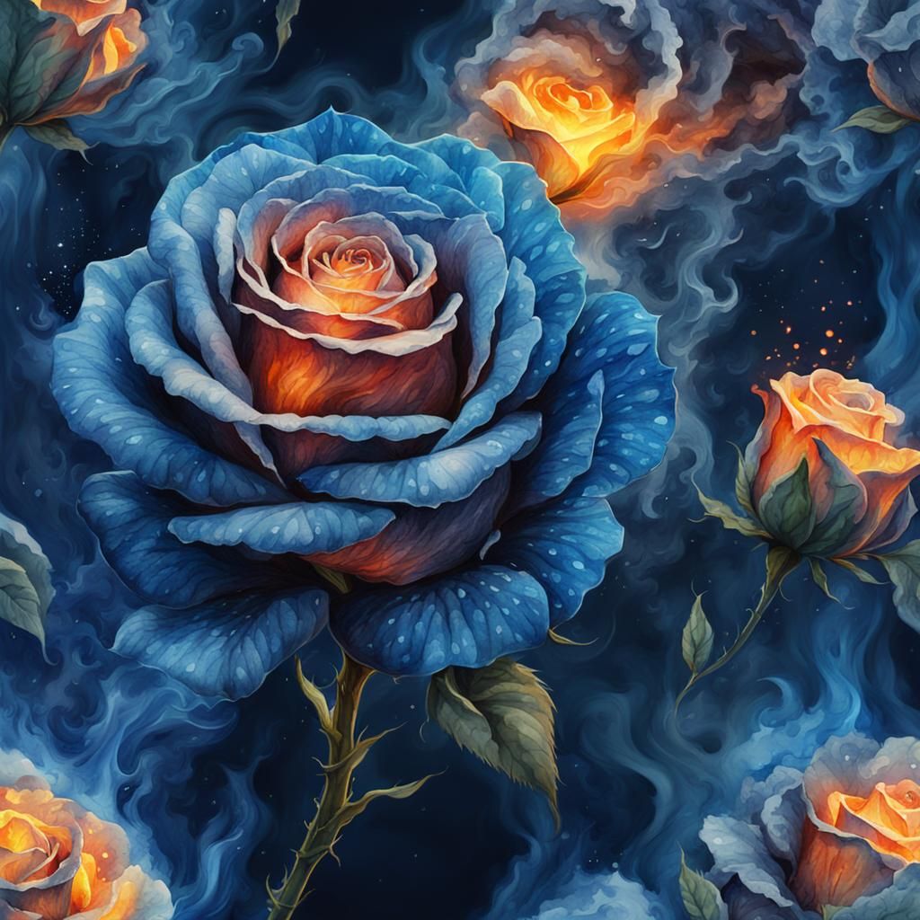 Burning Blue Rose Watercolor in Blue Fire
