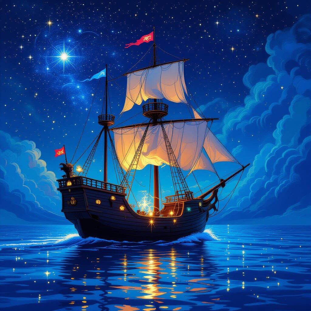 An ancient galleon sailing through a starlit ocean, its sail...