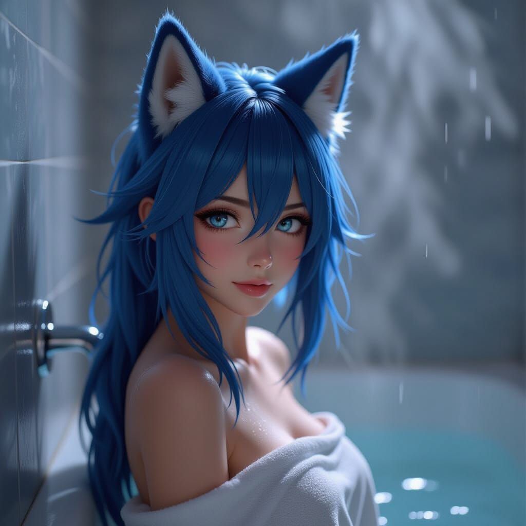 Young Woman with Wolf Ears in Steamy Shower