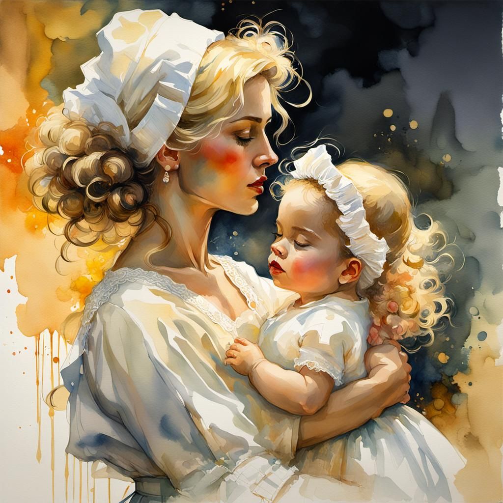 Mother and Baby in Golden Hour: Watercolor Art