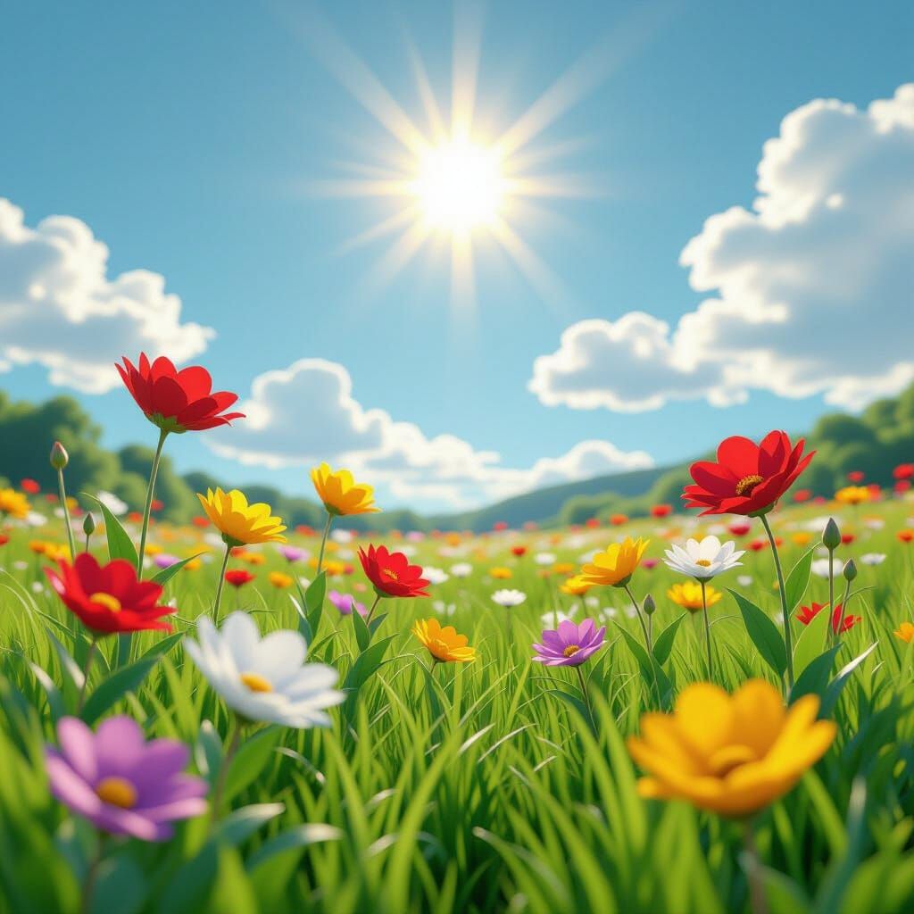 Vibrant Anime Flowers and Green Grass Under Yellow Sun