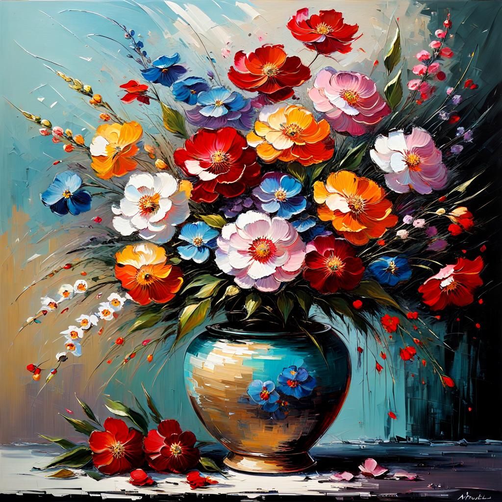 Ikebana Bouquet as Impasto Oil Painting