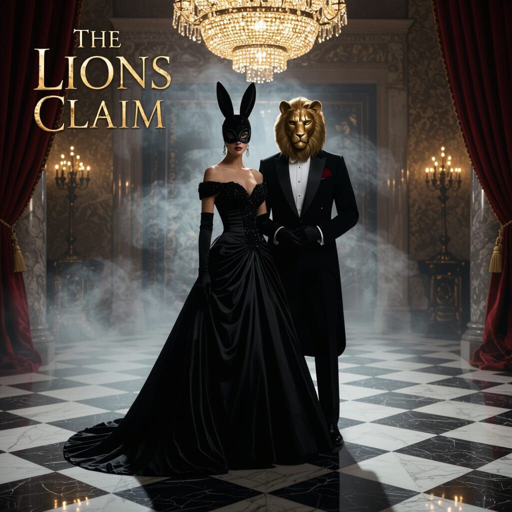 Dark Romance Ballroom Scene with Lion and Rabbit Masks