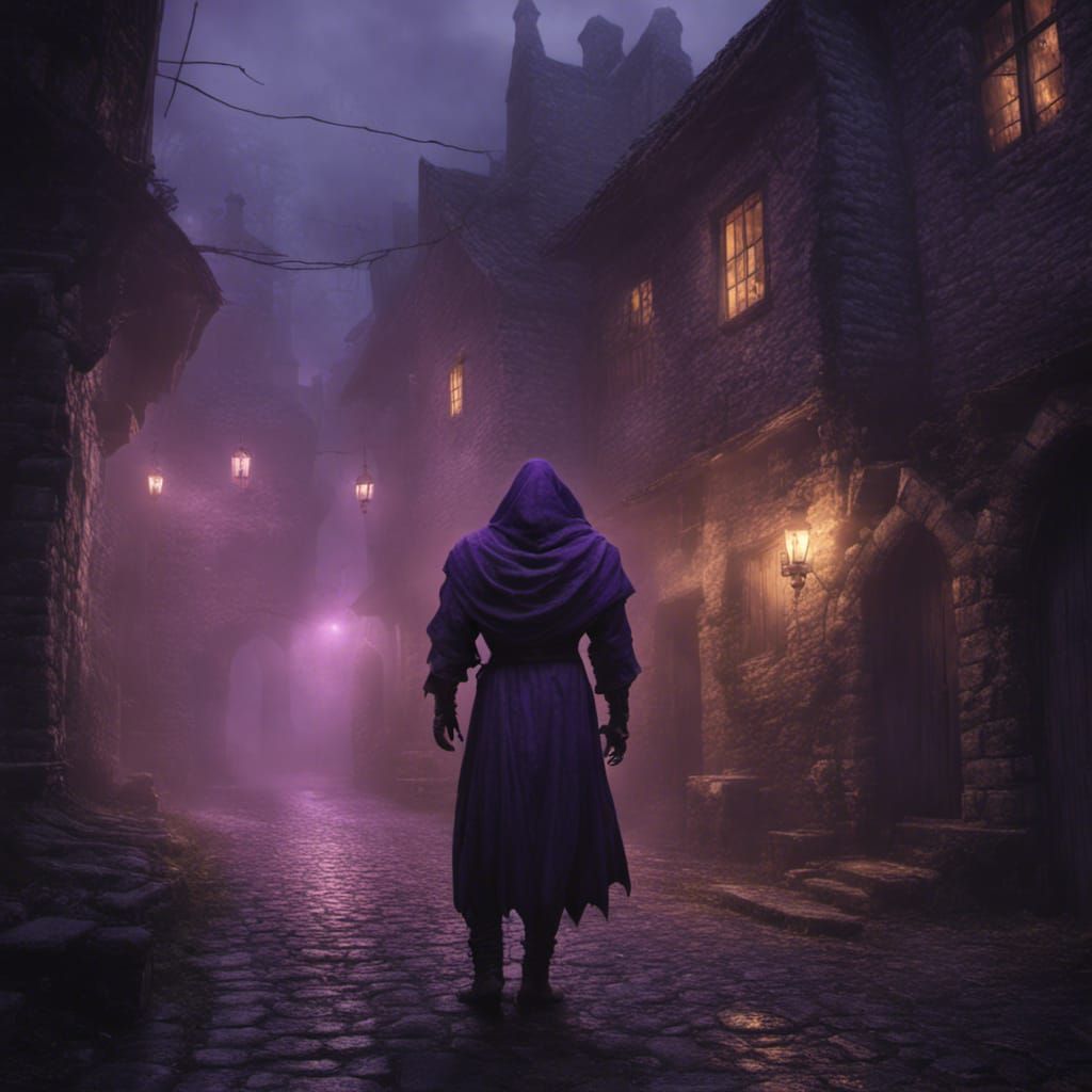 Purple Incubus in Dark Medieval Alley, Fantasy Art
