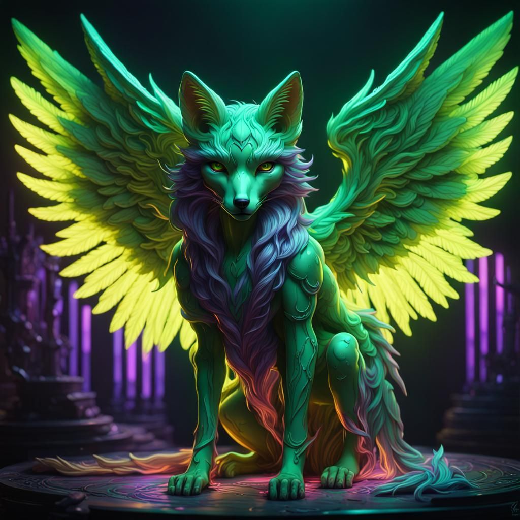 Neon Winged Fox Angel in Dark Fantasy Style