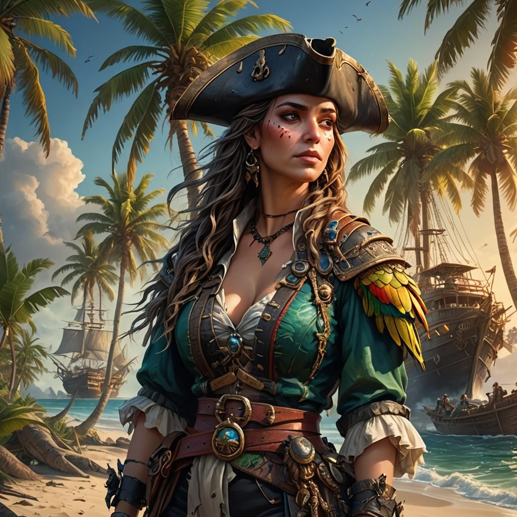 Pirate Queen Portrait with Parrot, Hyper-Detailed Octane Ren...