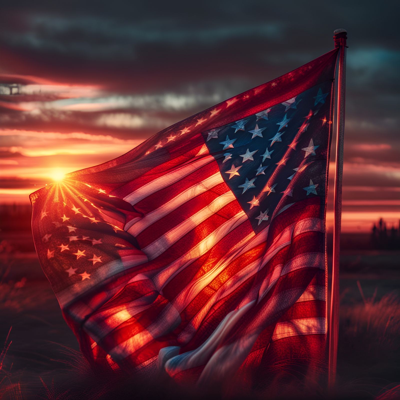 American Flag Sunset: Hyperrealistic Cosmic Illustration