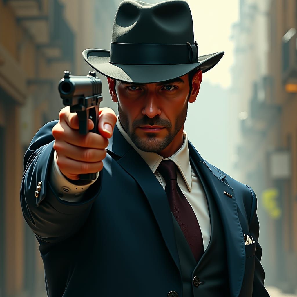 Man in Suit with Gun: Cinematic Lighting