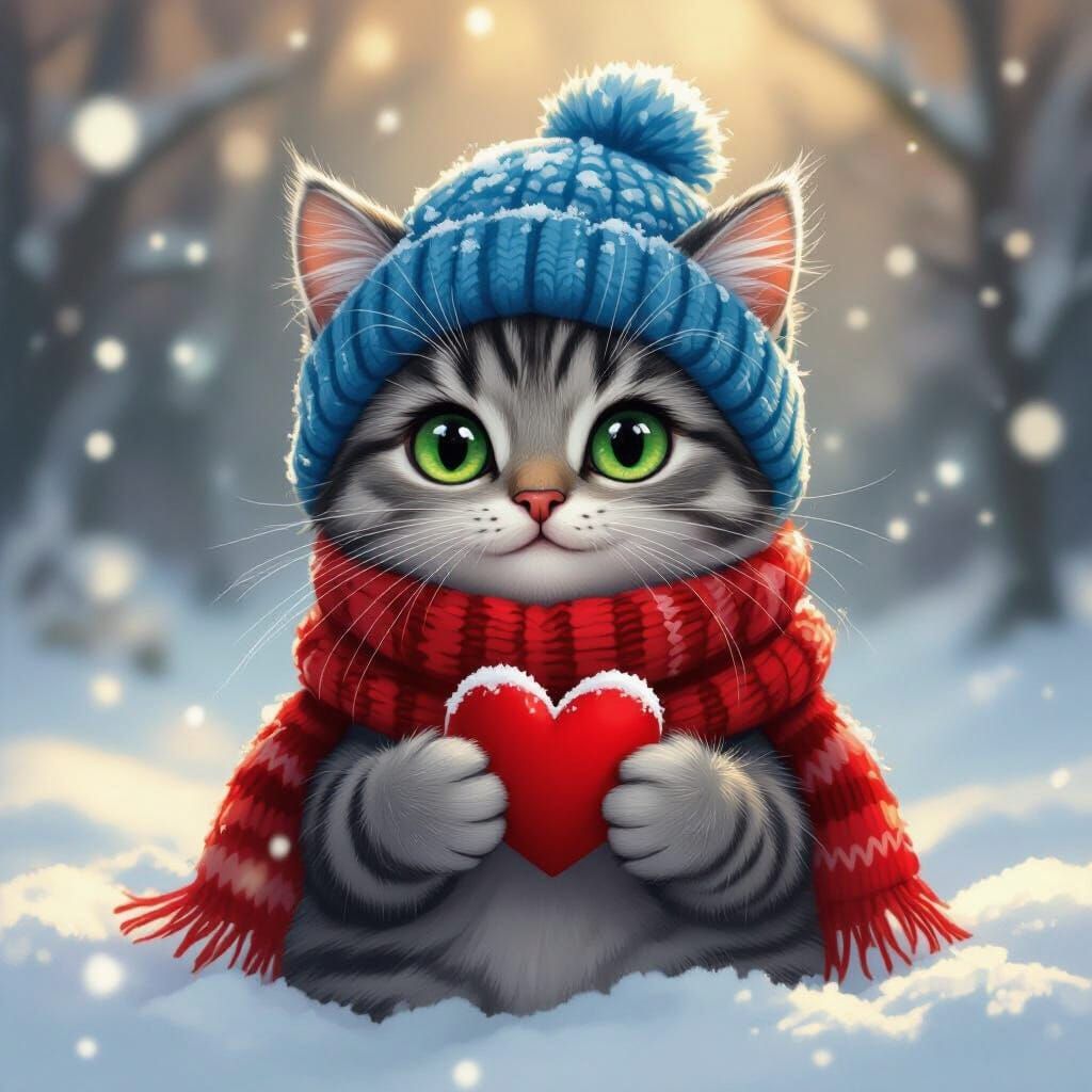 Cute Fluffy Gray Cat in Winter Gear with Heart