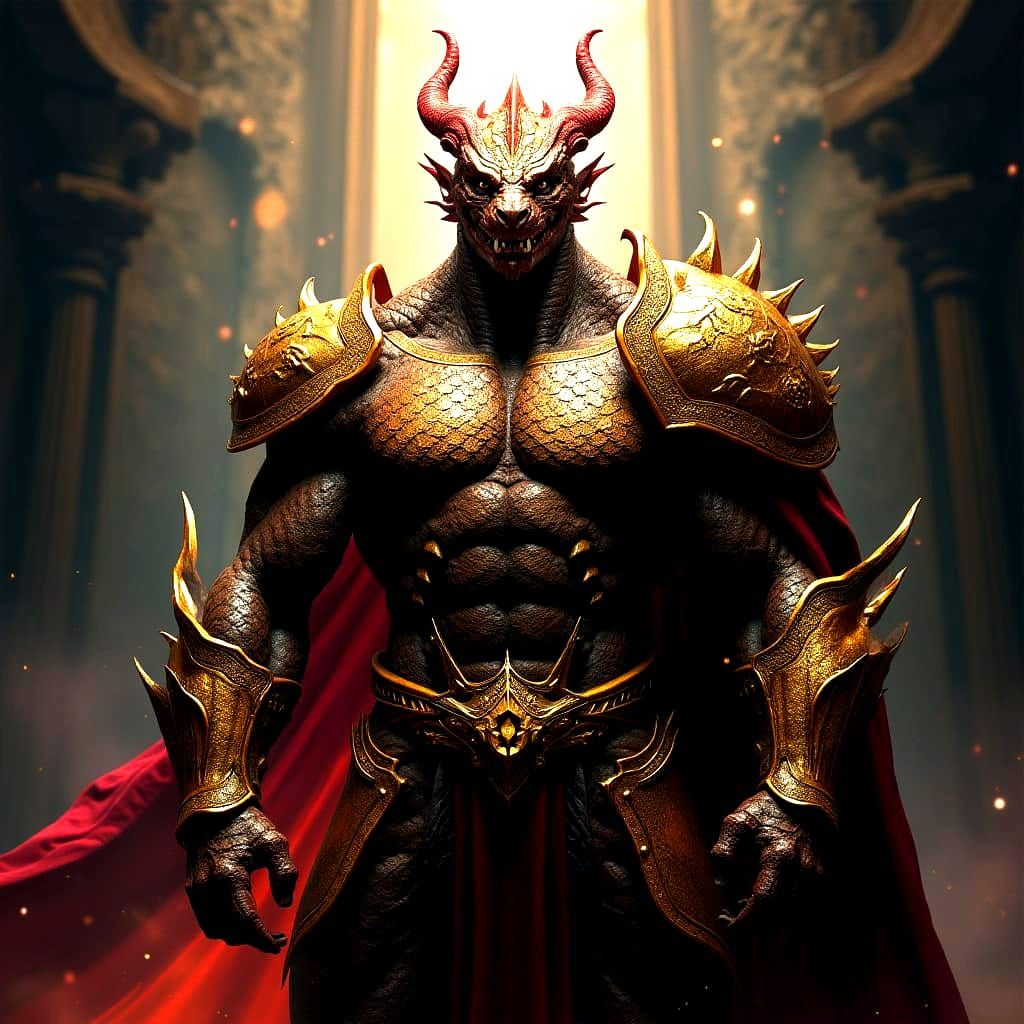 Golden Dragonborn Barbarian in Dark Fantasy Style