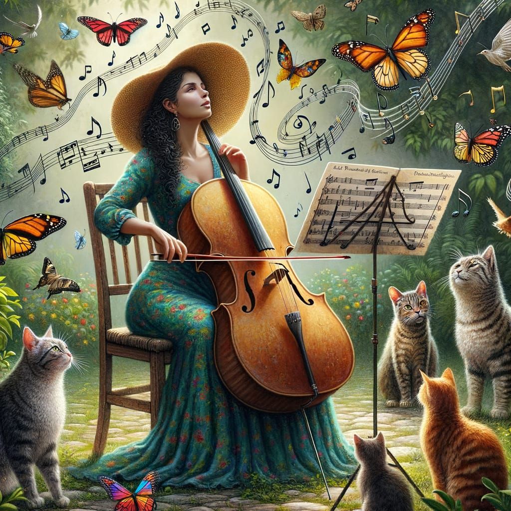 Woman Playing Cello in Magical Garden
