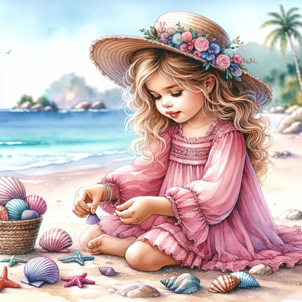 Girl on Beach with Seashells in Watercolor Style