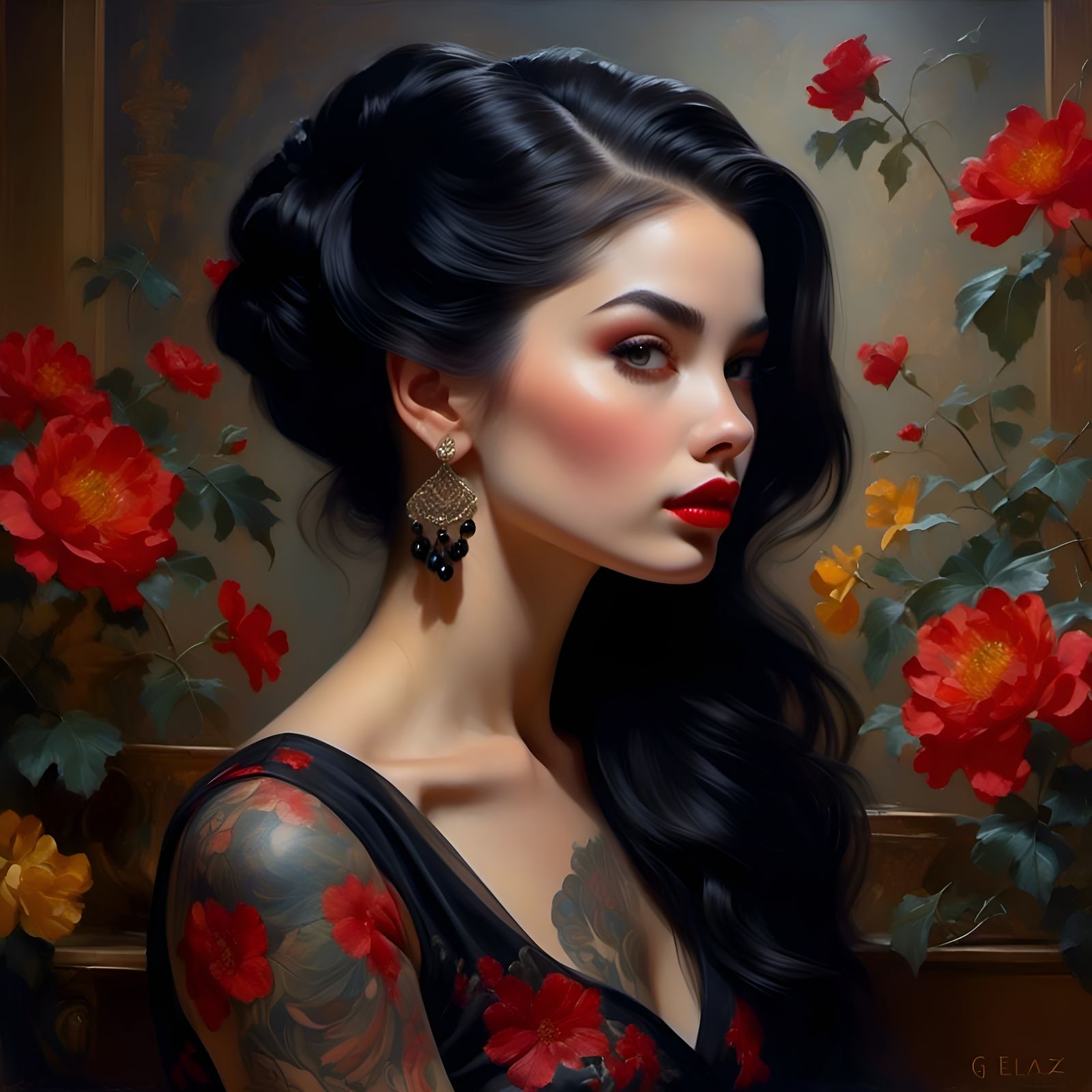 Gorgeous Tattooed Woman Portrait in Pin-Up Style