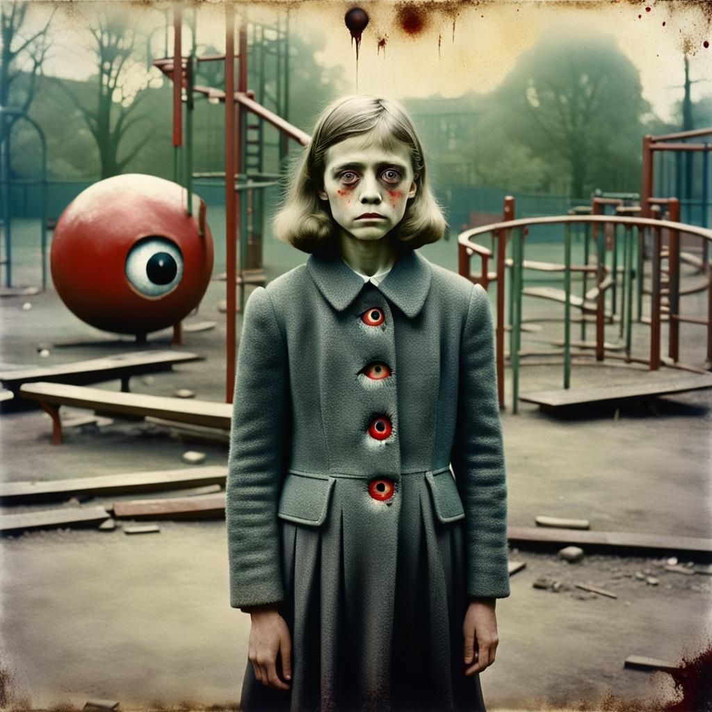 Surreal Woman with Red Eye in Playground