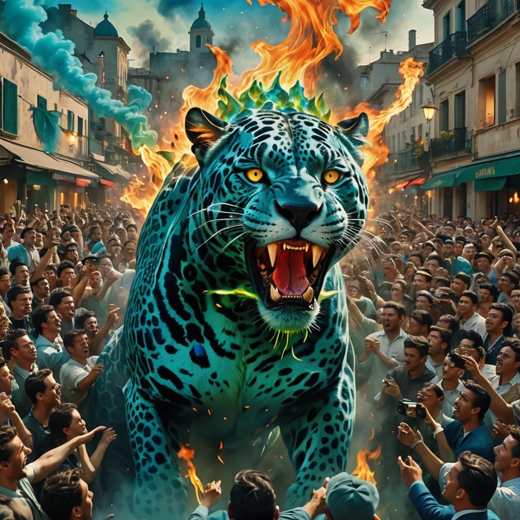 Blue Jaguar in Surreal Cityscape with Fire