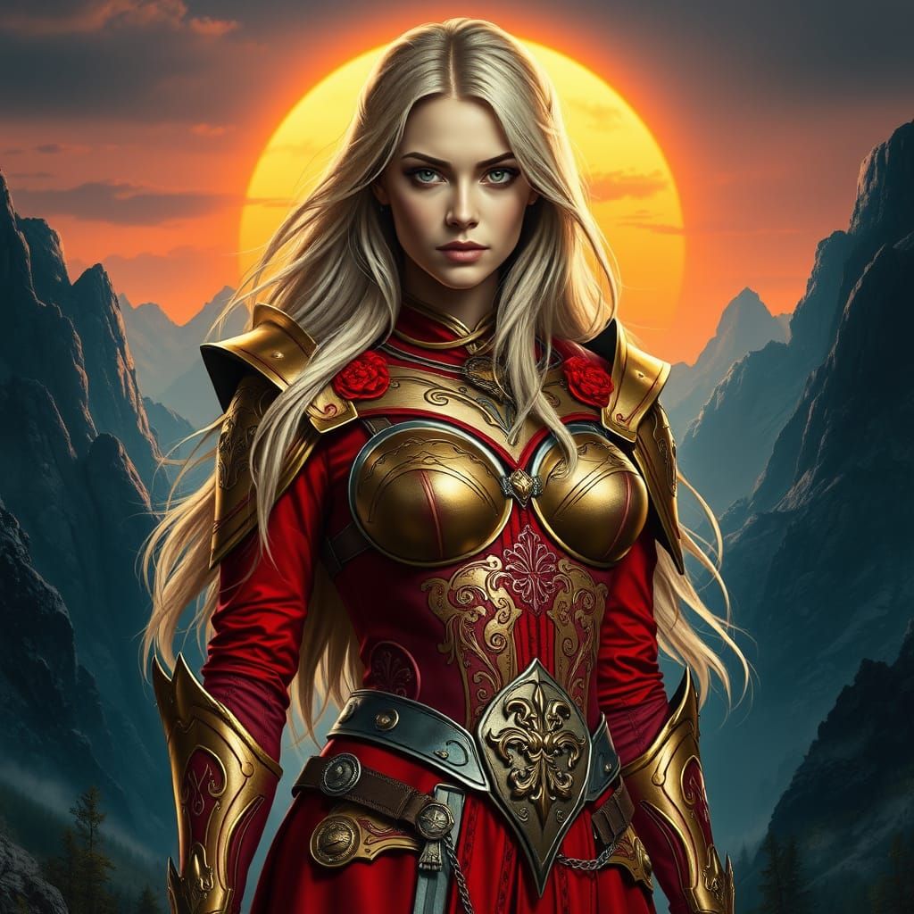Elegant Fantasy Warrior Embracing Sunset in Majestic Landsca...