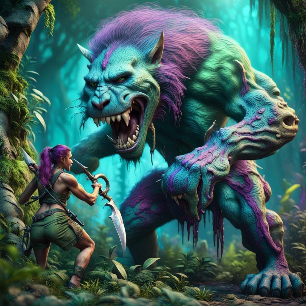 Blue-Green Troll Hunter in Jungle, Fantasy Concept Art