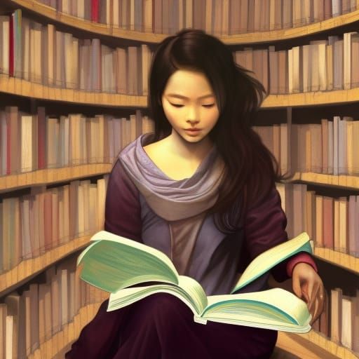 Girl Reading in Library: Hyperdetailed Art Portrait