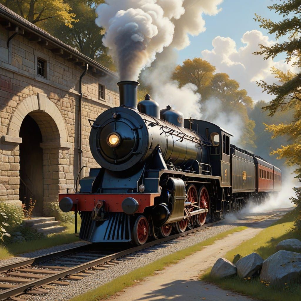 Classic Americana Train Emerge from Rustic Tunnel