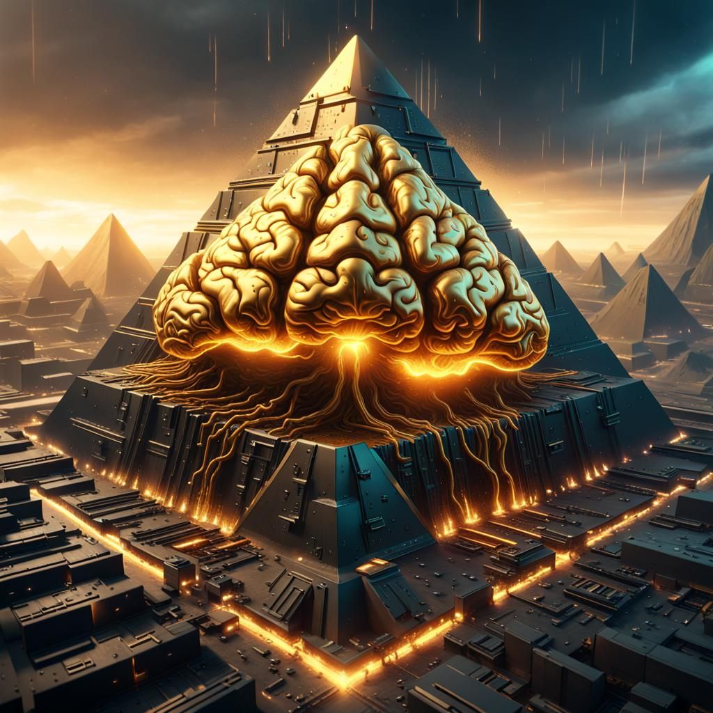 Golden Brain Swelling from Black Pyramid in Cyberpunk Style