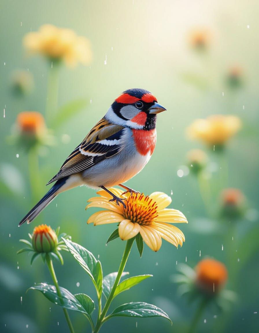 Vibrant Finch on Dew-Kissed Flower: Hyperrealistic Detail