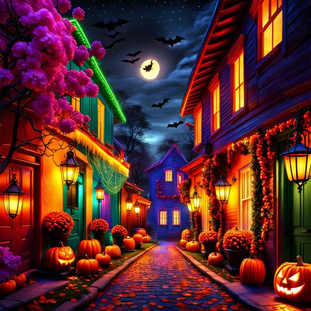 Halloween Night in Small Town, Surrealist Style