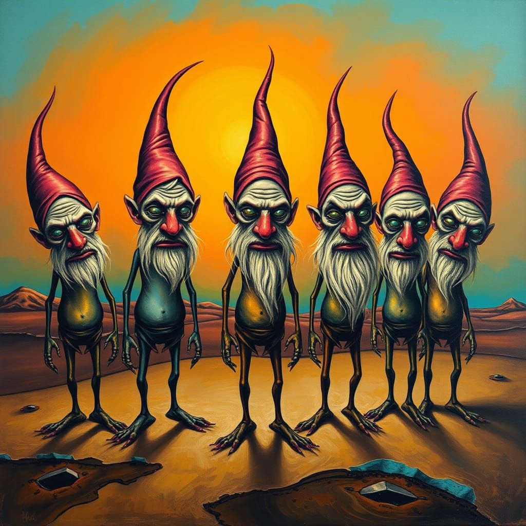 Surrealist Dwarves in a Dreamlike Landscape
