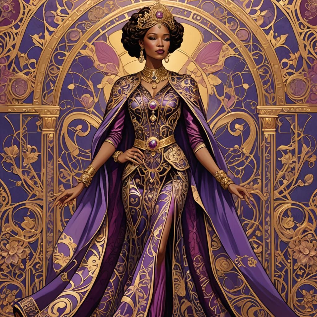 Art Nouveau Empress Fashion Illustration in Gold and Magenta