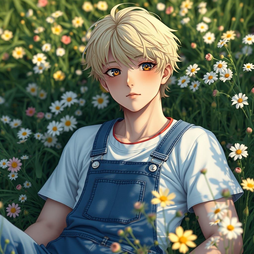 Charming Blond Youth Basks in Floral Oasis