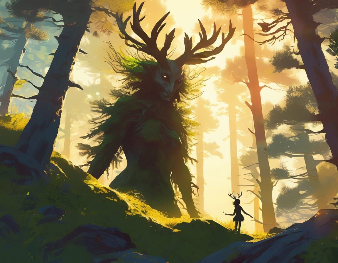 Giant Forest Spirit and Spriggan Nymph Silhouette