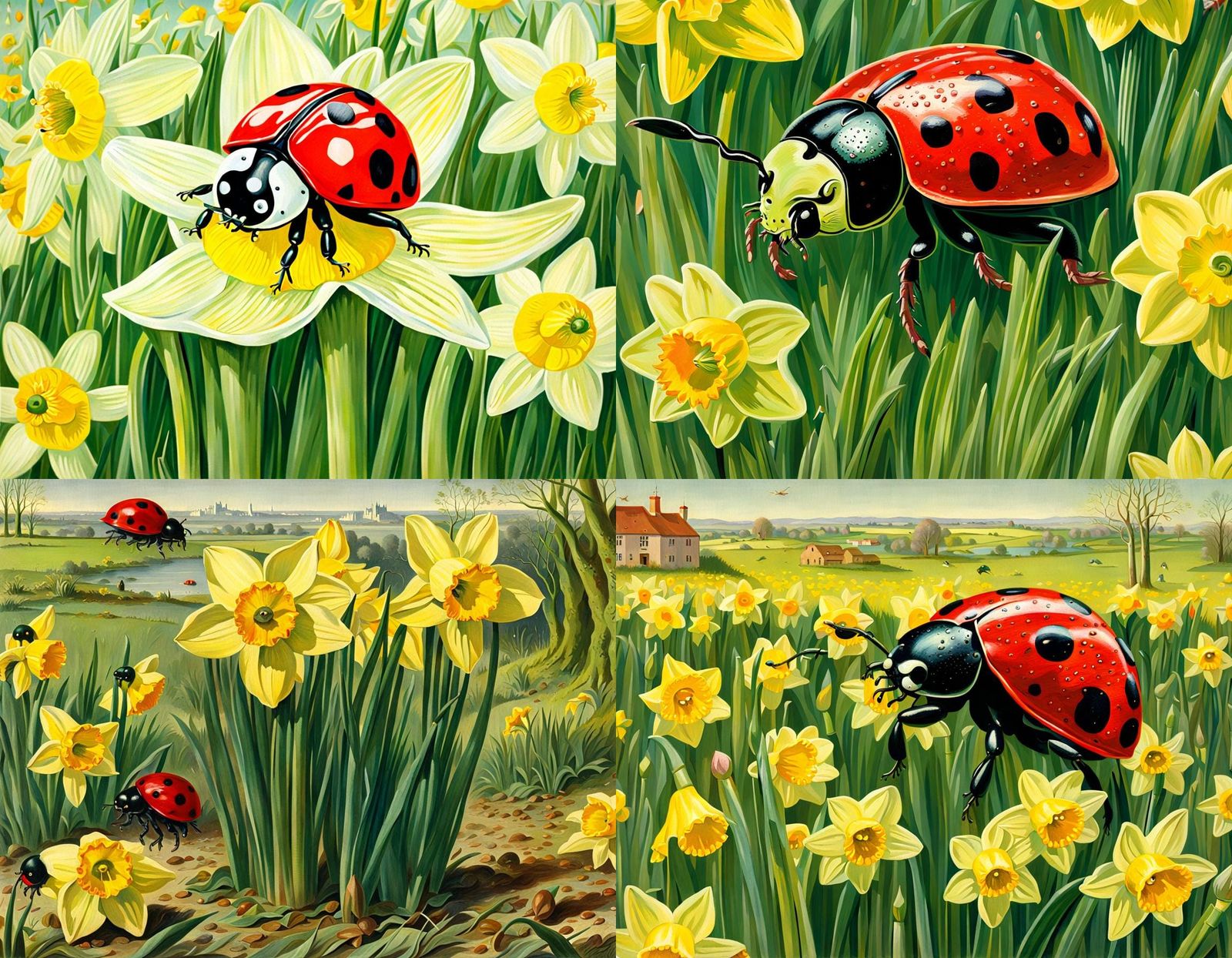 Daffodils with Dewdrops in Storybook Illustration Style