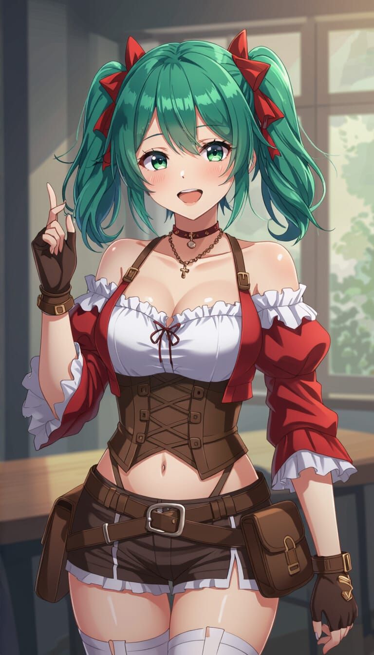 Green-Haired Woman with Sword in Forest, Photorealistic Styl...