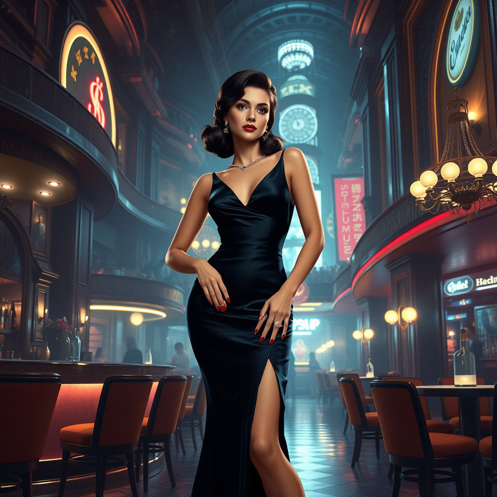 Glamorous Woman in 1960s Nightlife, Detailed Matte Painting