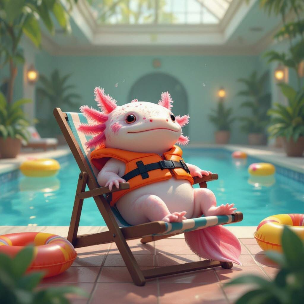 Sad Axolotl Relaxing in Luxurious Fish Tank