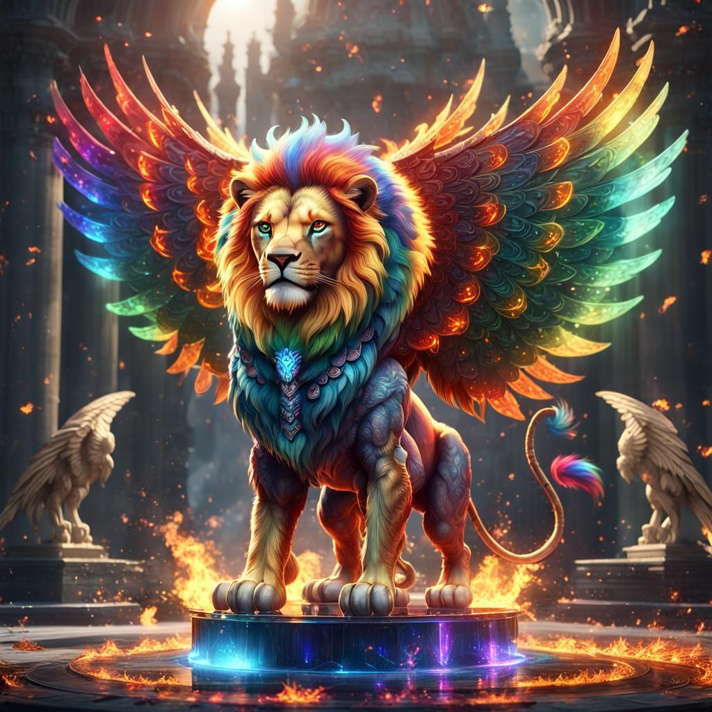 Rainbow Lion with Wings on Crystal Platform