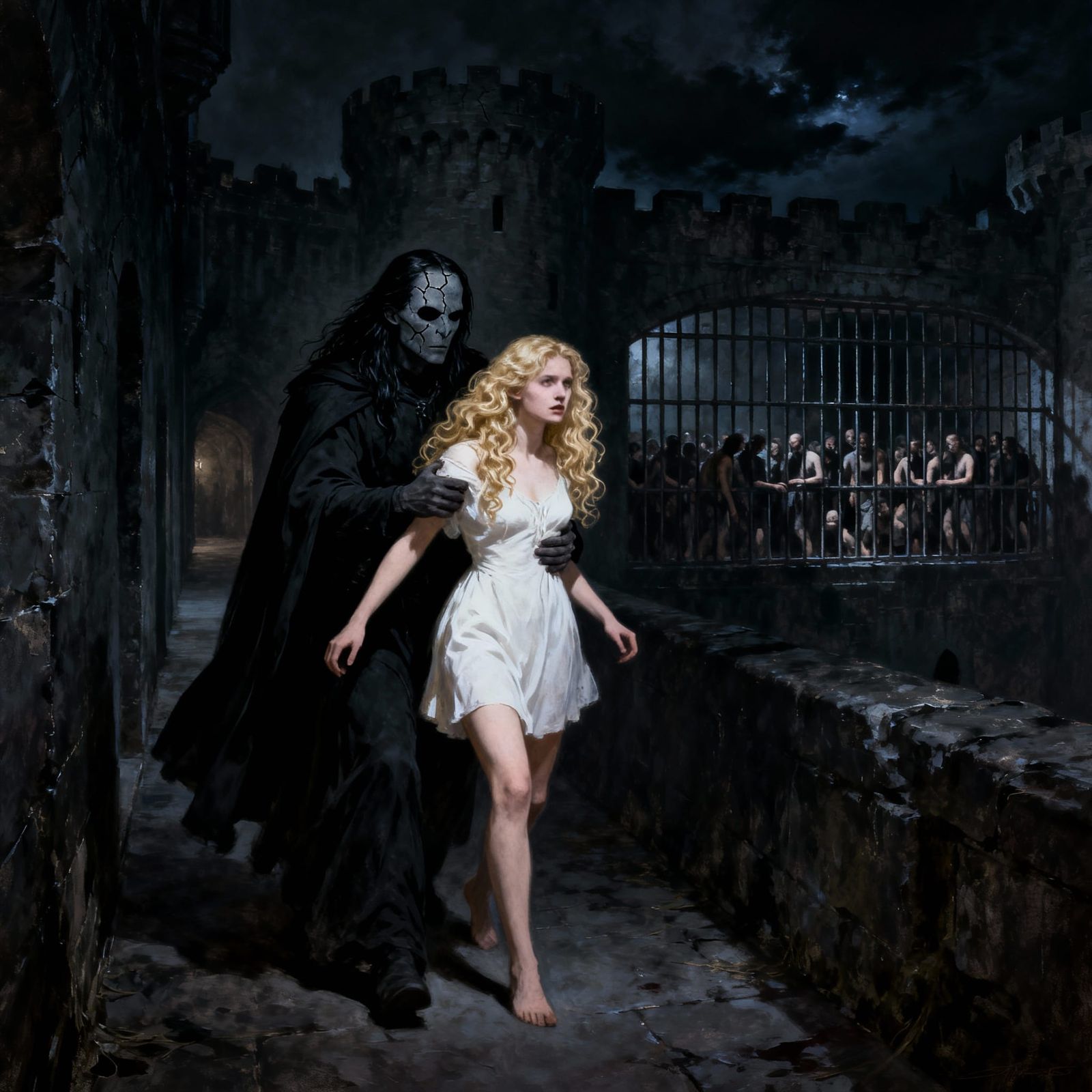 Dark Fantasy Man Guides Woman Through Castle Corridor