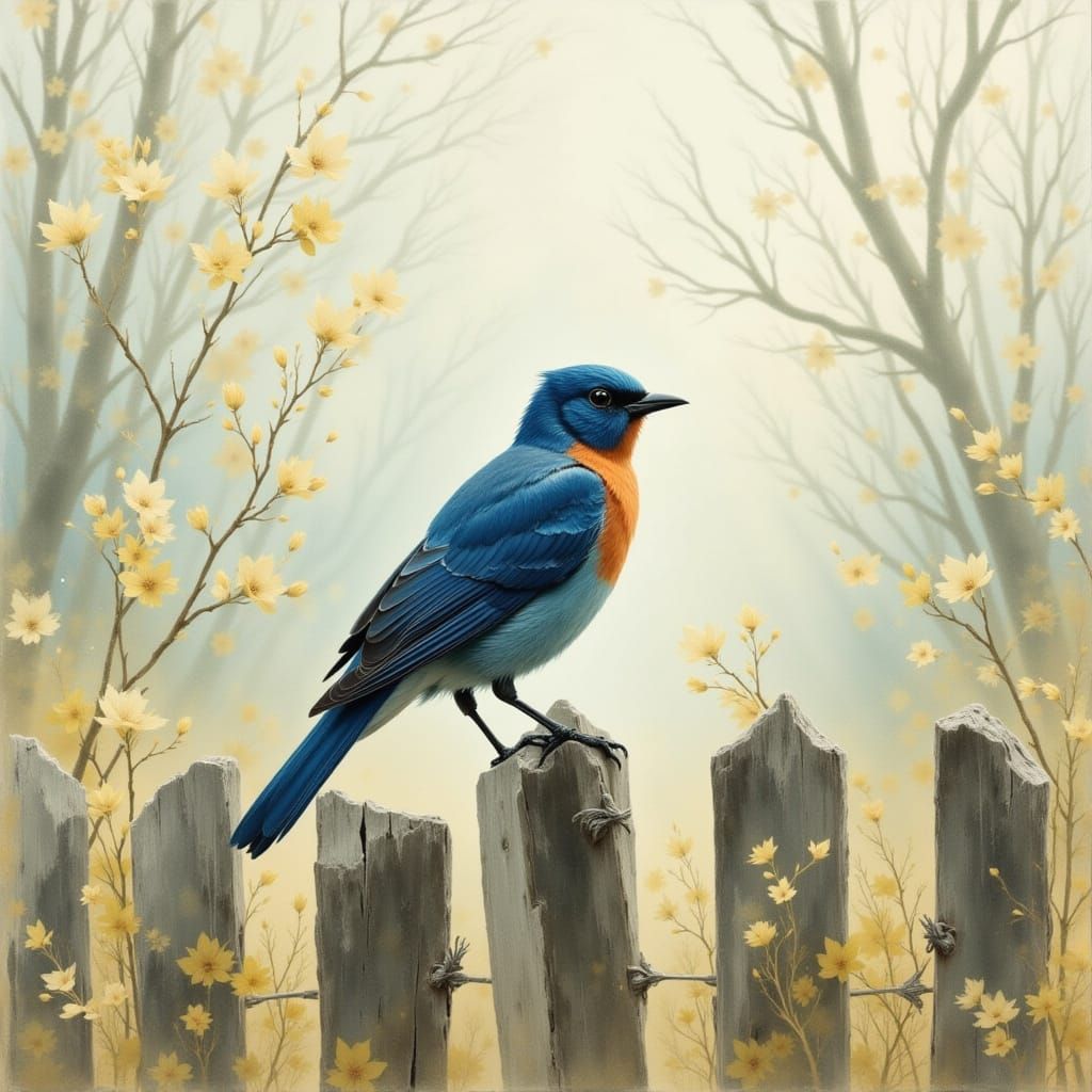 Indigo Bunting on Fence in Ethereal Watercolor Style