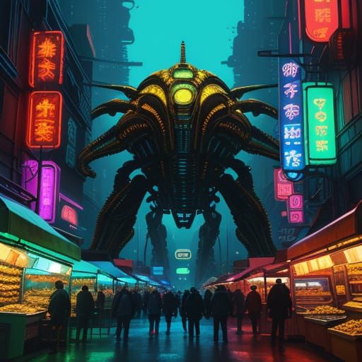 Vibrant Alien Marketplace in Science Fiction Style