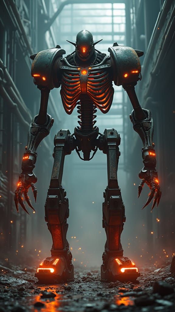 Skeletal Cyborg in Industrial Hellscape