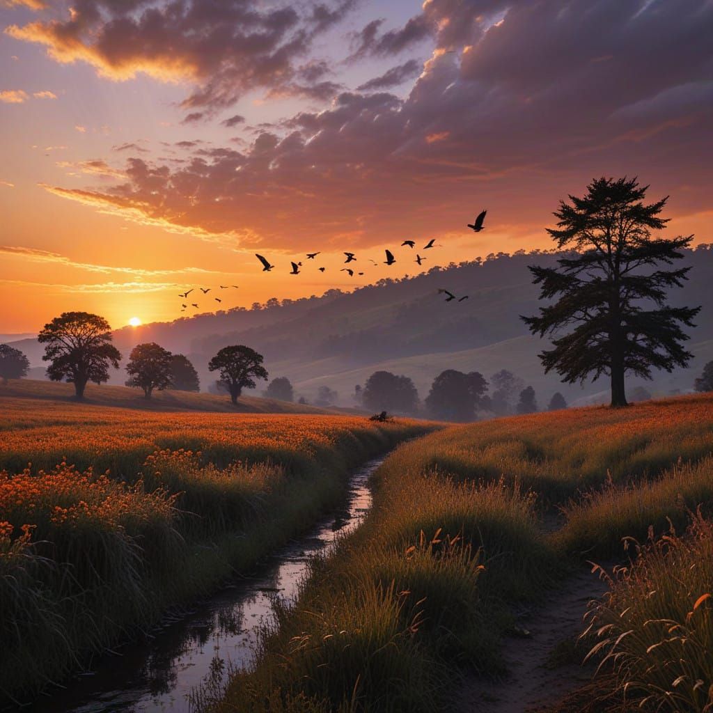 Anime Style Sunset Scene with Silhouetted Crows