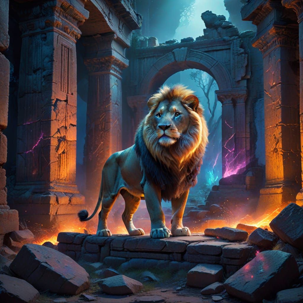 Majestic Lion Prowls Ancient Ruins in Painterly Style